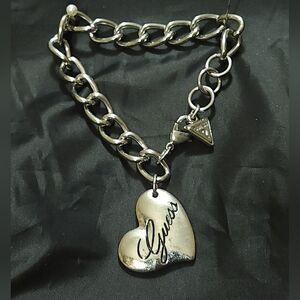 Y2K Guess Charm Bracelet Silvertone Lrg Rhinestone Heart Charm & Guess Logo